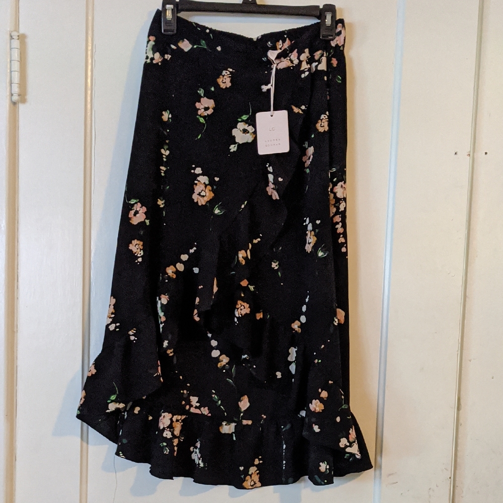 Lauren Conrad Spring Fling Ruffle Floral Hi Low Skirt NWT Med Black Cottagecore